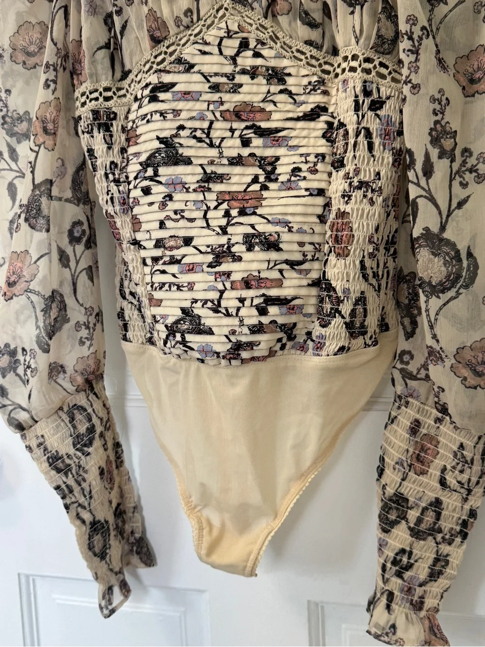 Free People Brunch Date Floral Smocked Bodysuit S